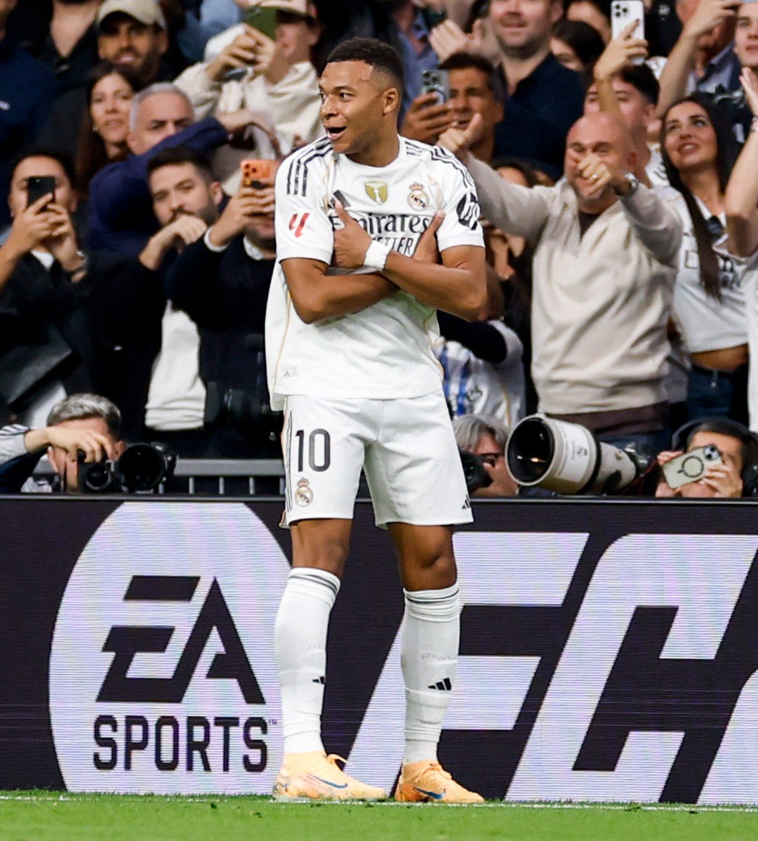 Kylian Mbappé celebrando el gol en El Clásico. Foto Vía X (@realmadrid)